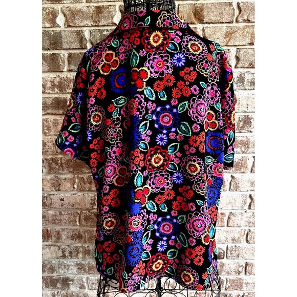 VTG Elementz Blouse Woman 1X Black Floral Shirt Button Short Sleeves Psy… - Picture 5 of 12